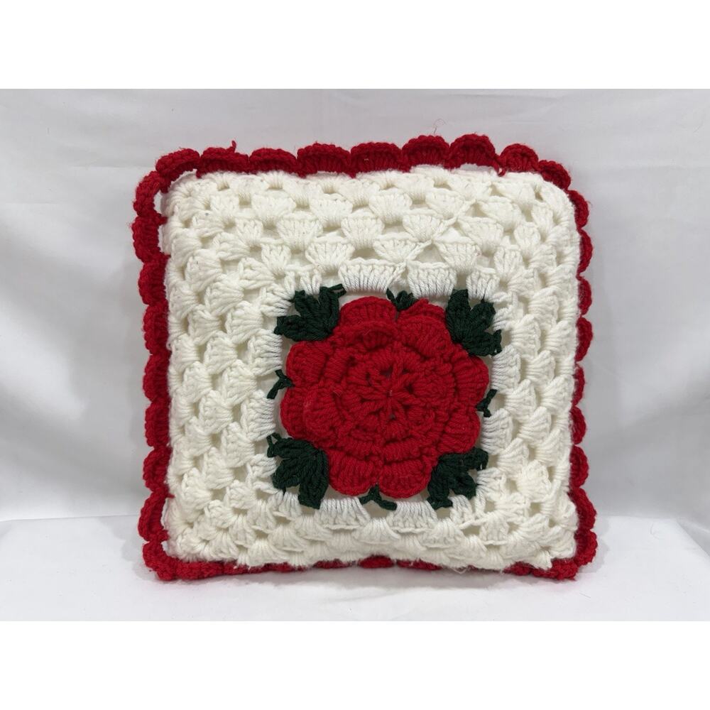 Granny Square Crocheted Roses Handmade Grandma Core Cottage Core Throw Pillow
